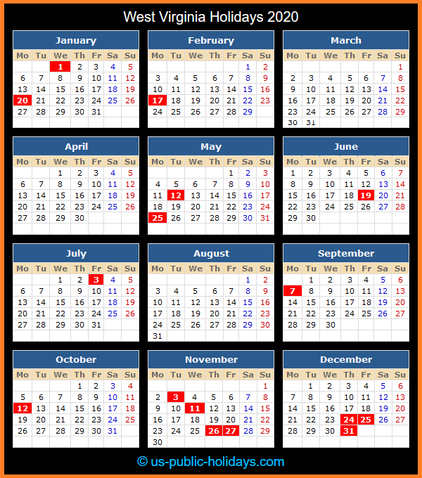 West Virginia Holiday Calendar 2020